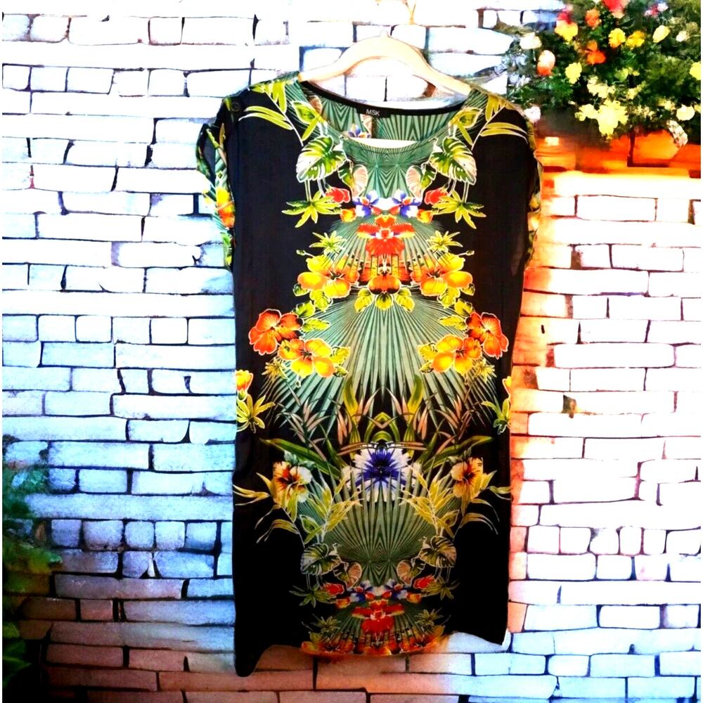 MSK Women’s Sheath Dress Size 10 Black Tropical Floral Bird Print Boat Neck